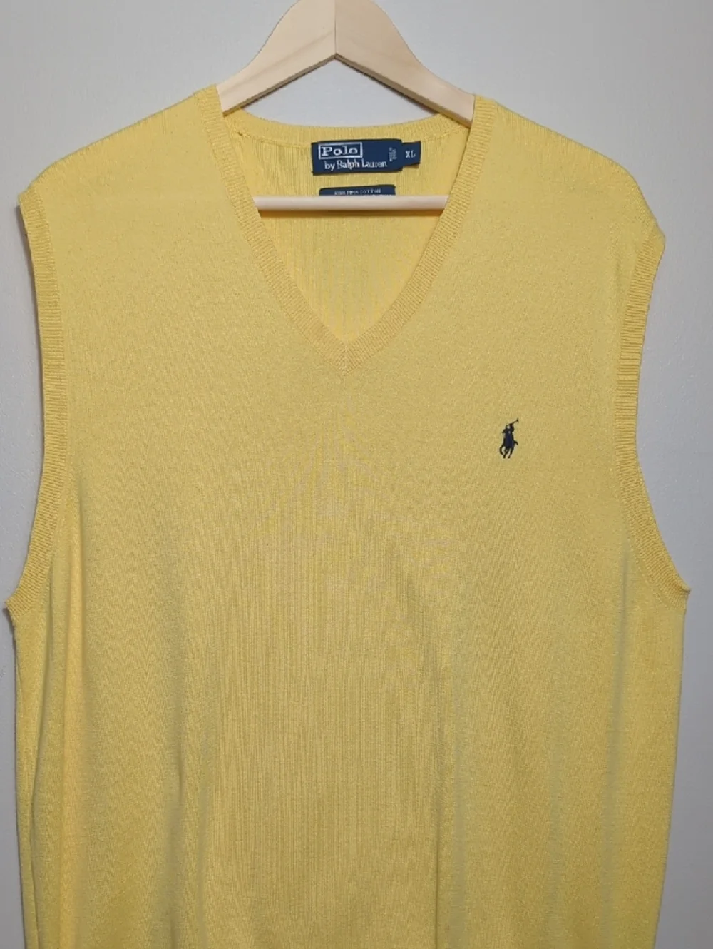 Vintage 90s Polo Ralph Lauren Yellow Pima Cotton Knit Sweater Vest Navy Pony XL‎